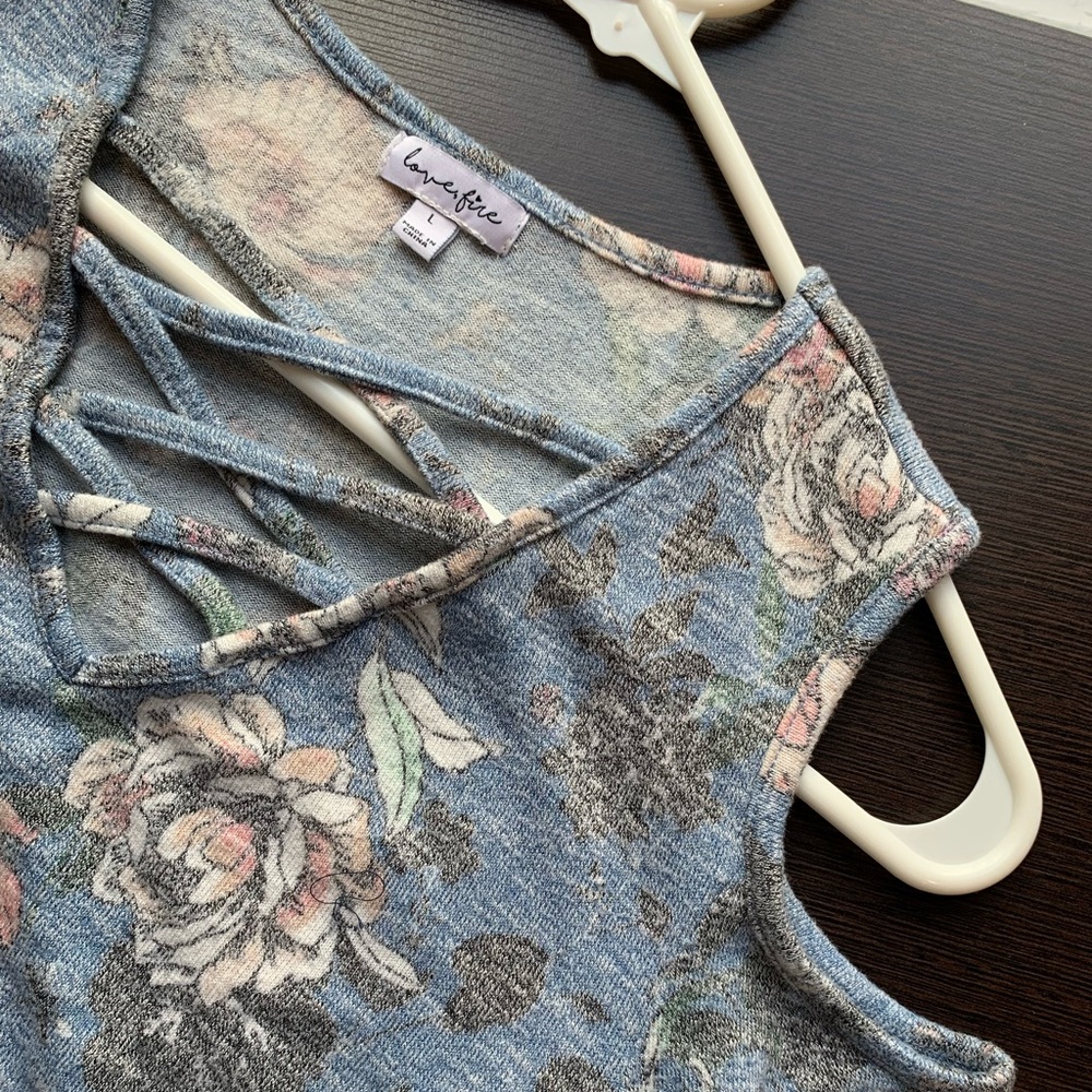 Floral print with blue background, off shoulders shirt